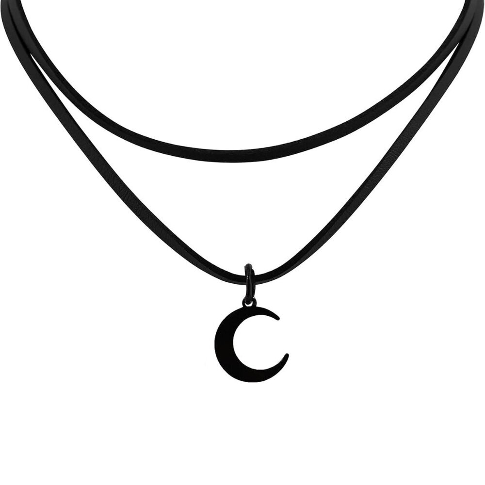 Gothic Boho Layered Black Crescent Moon Choker, Moon Necklace for Women, Gothic